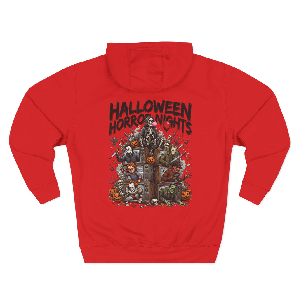 Halloween Horror Nights Hoodie — Haunted Mask & Killer Characters Graphic Pullover