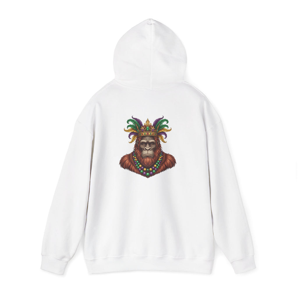 Mardi Gras Bigfoot Hooded Sweatshirt - Colorful Jester Mask & Bead Design