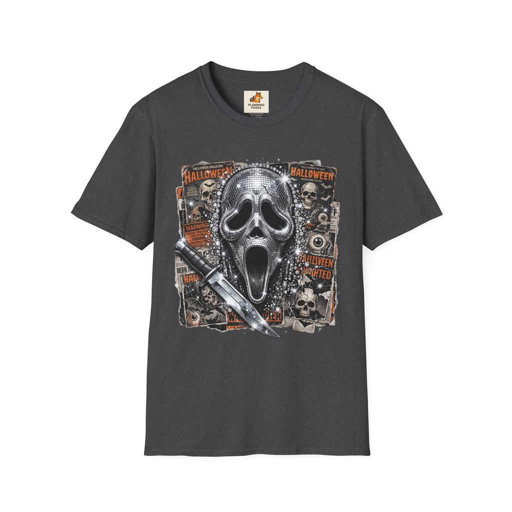 Halloween Scream Mask T-Shirt — Skull, Knife & Poster Horror Graphic Tee