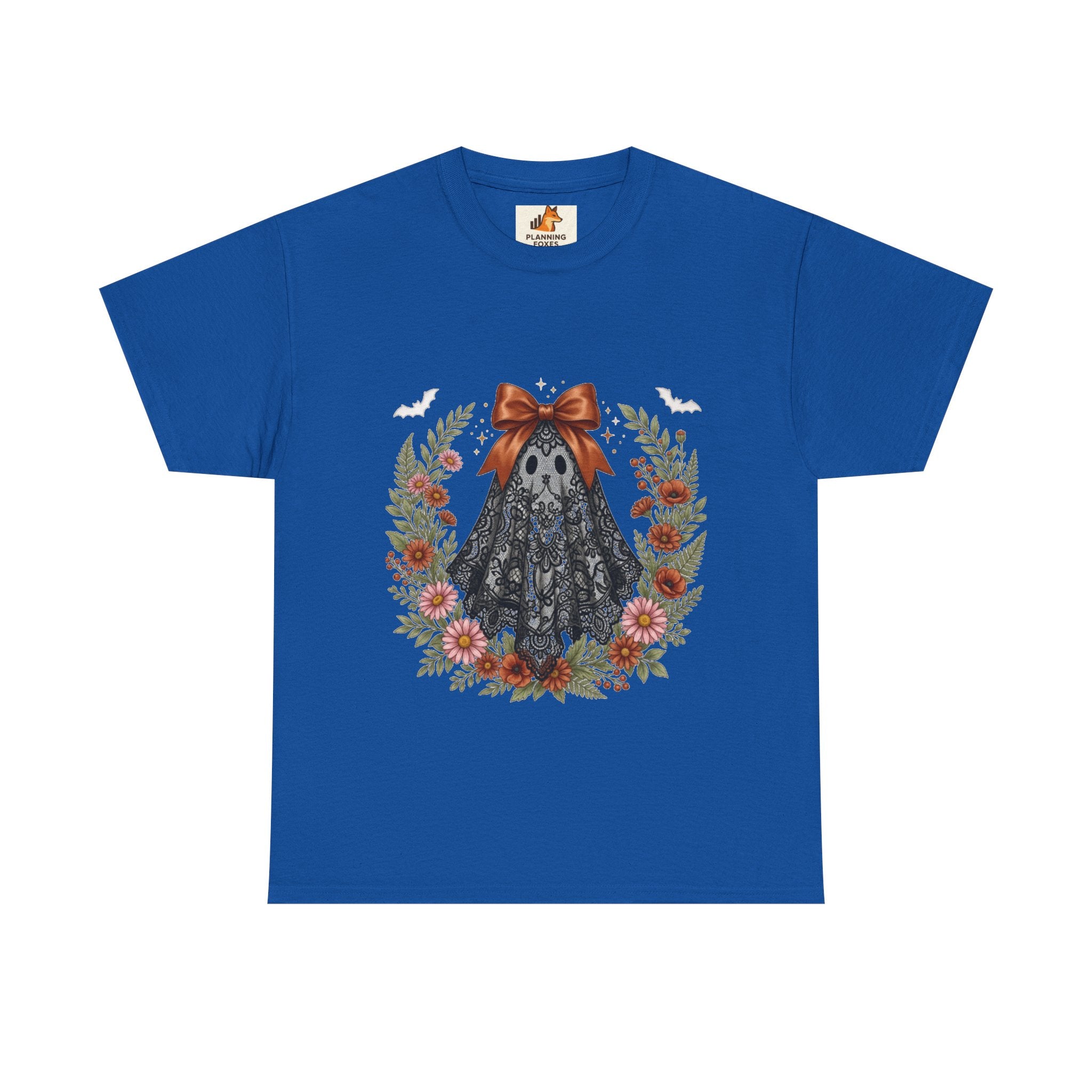 Ghost in Lace Tee — Floral Halloween Ghost T-Shirt with Bow