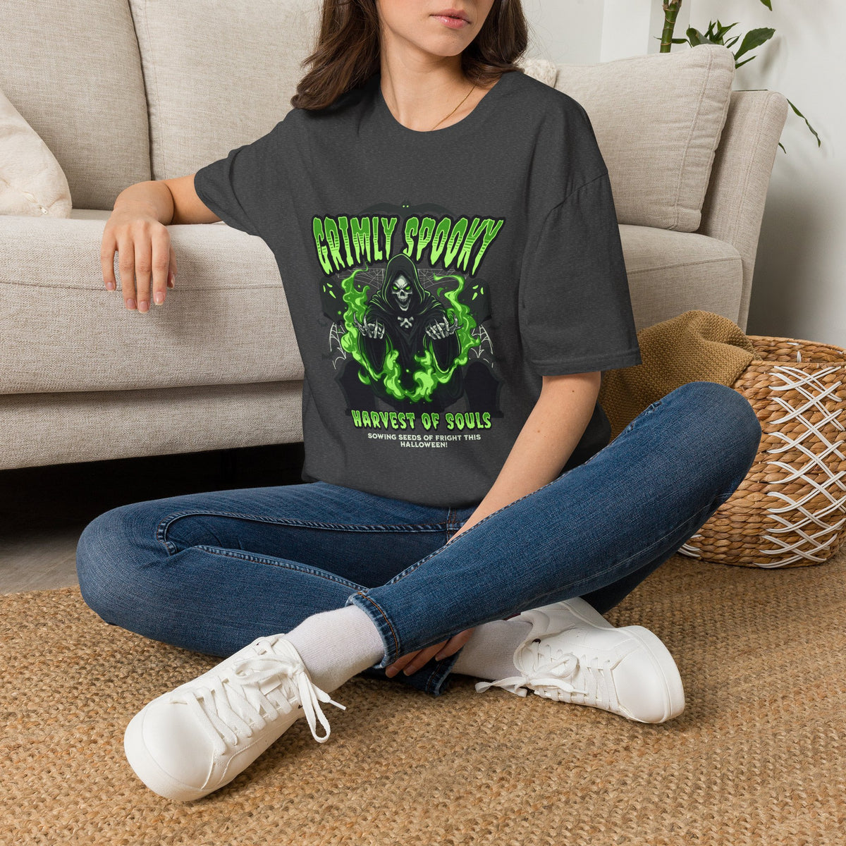 Grimly Spooky T-Shirt — Neon Green Reaper Halloween Tee