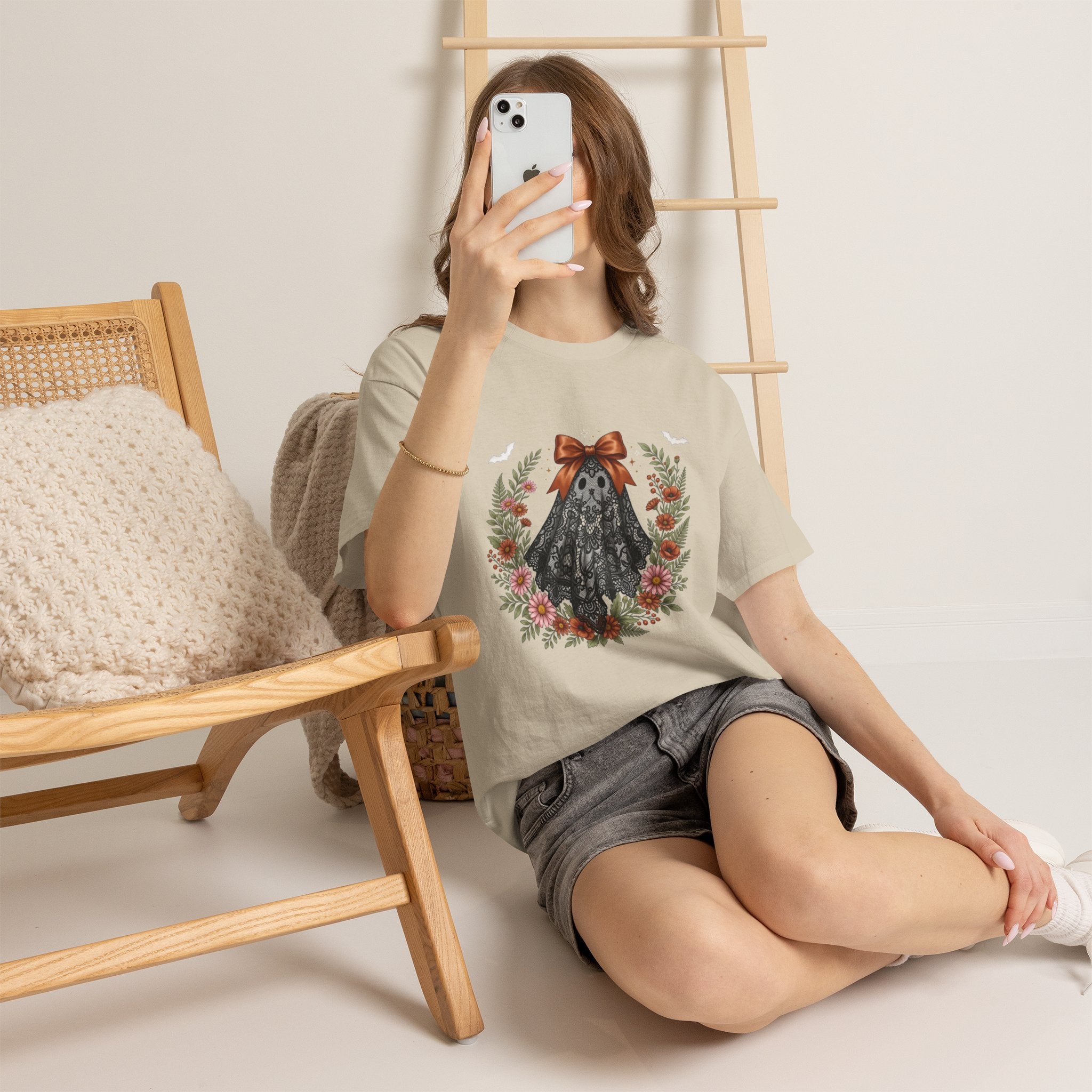 Ghost in Lace Tee — Floral Halloween Ghost T-Shirt with Bow
