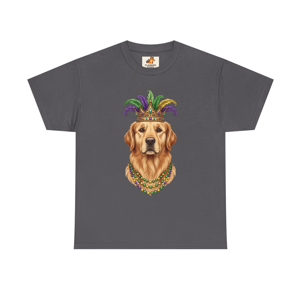 Mardi Gras Golden Retriever T-Shirt — Dog with Jester Crown & Beads