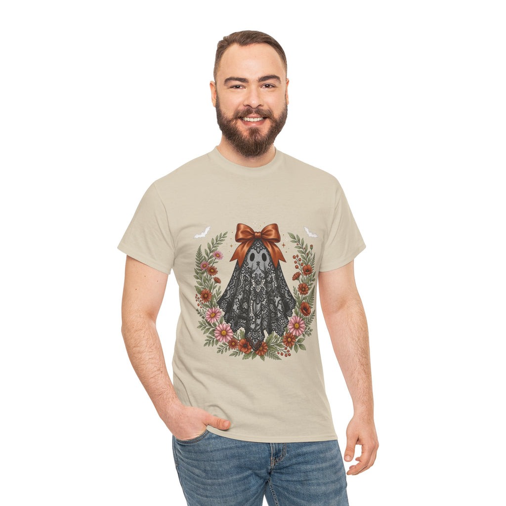 Ghost in Lace Tee — Floral Halloween Ghost T-Shirt with Bow