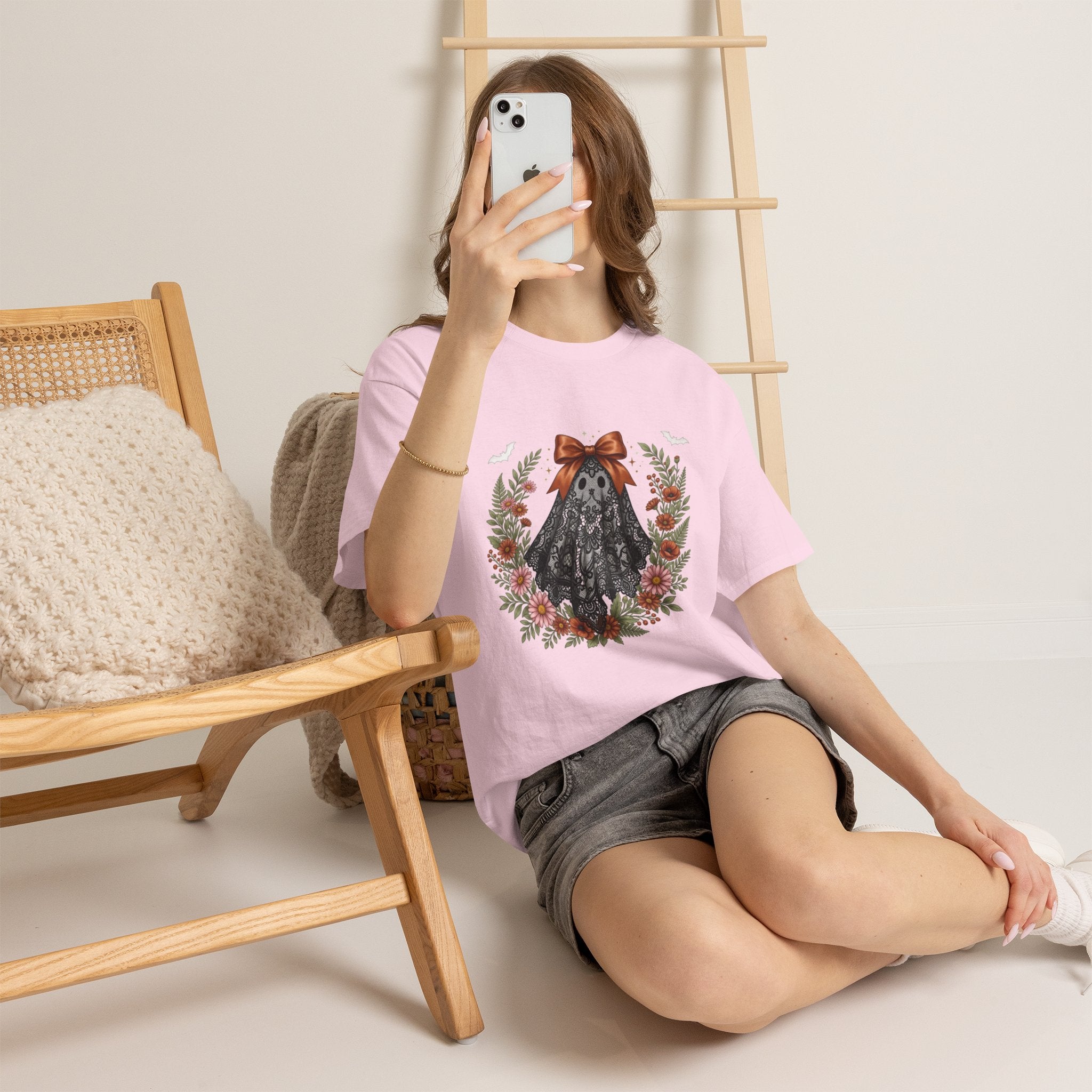 Ghost in Lace Tee — Floral Halloween Ghost T-Shirt with Bow