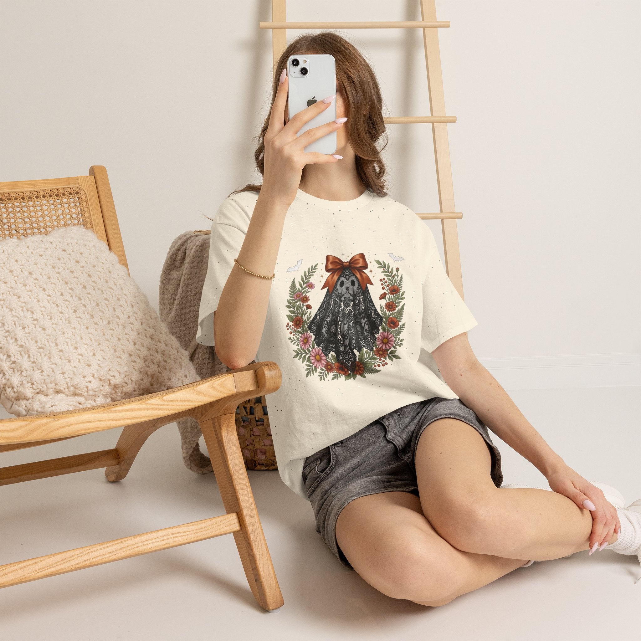 Ghost in Lace Tee — Floral Halloween Ghost T-Shirt with Bow