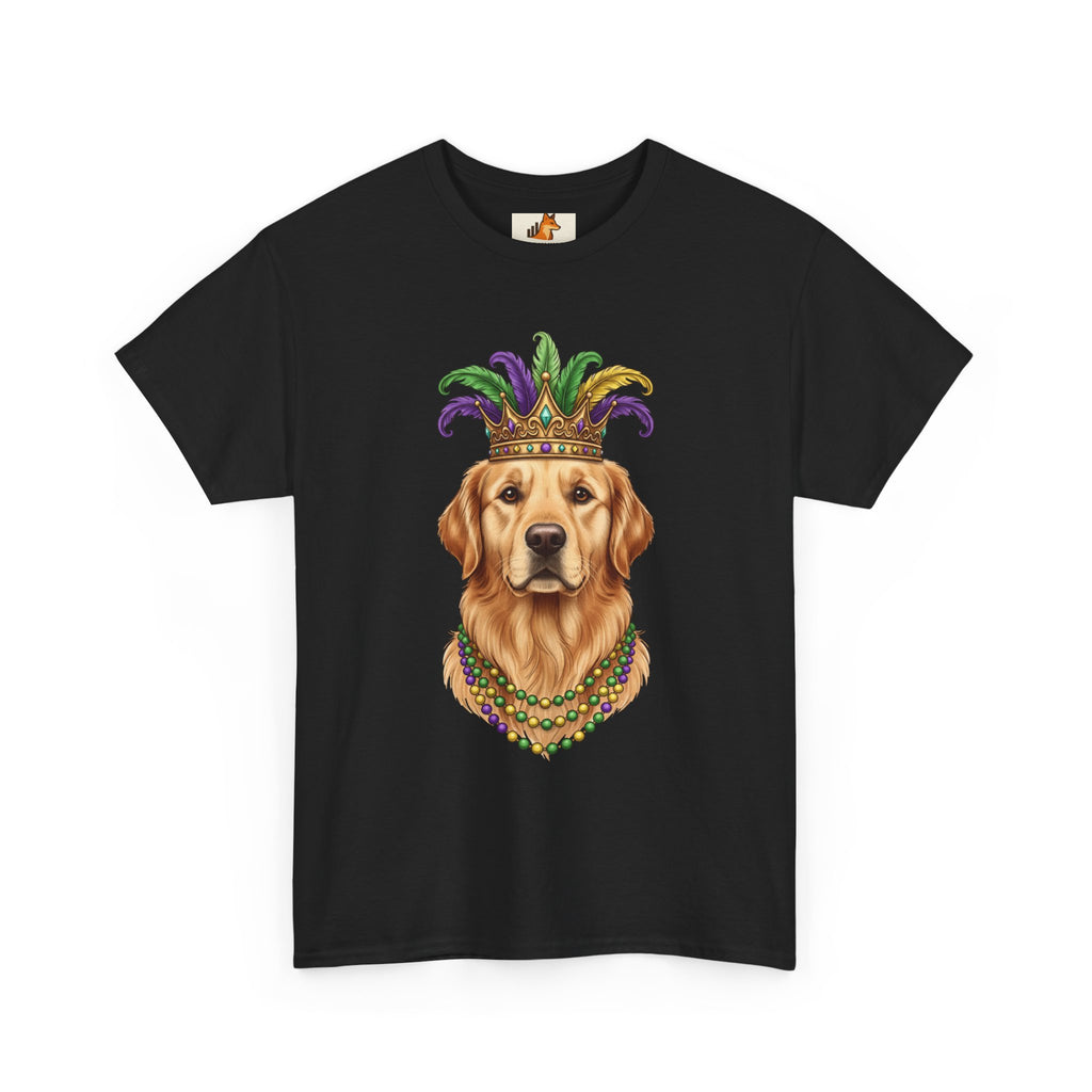 Mardi Gras Golden Retriever T-Shirt — Dog with Jester Crown & Beads
