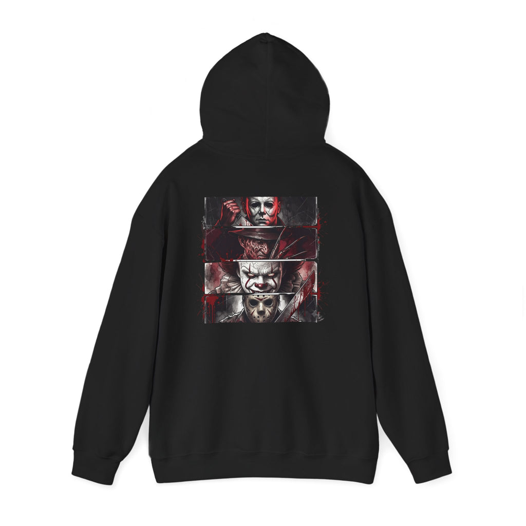 Horror Villains Back-Print Hoodie — Creepy Movie Killer Collage