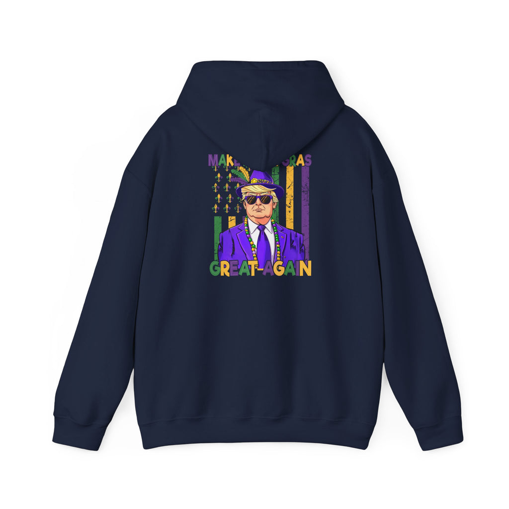 Mardi Gras Great Again Hoodie — Festive King Cake Masked Man Back Graphic
