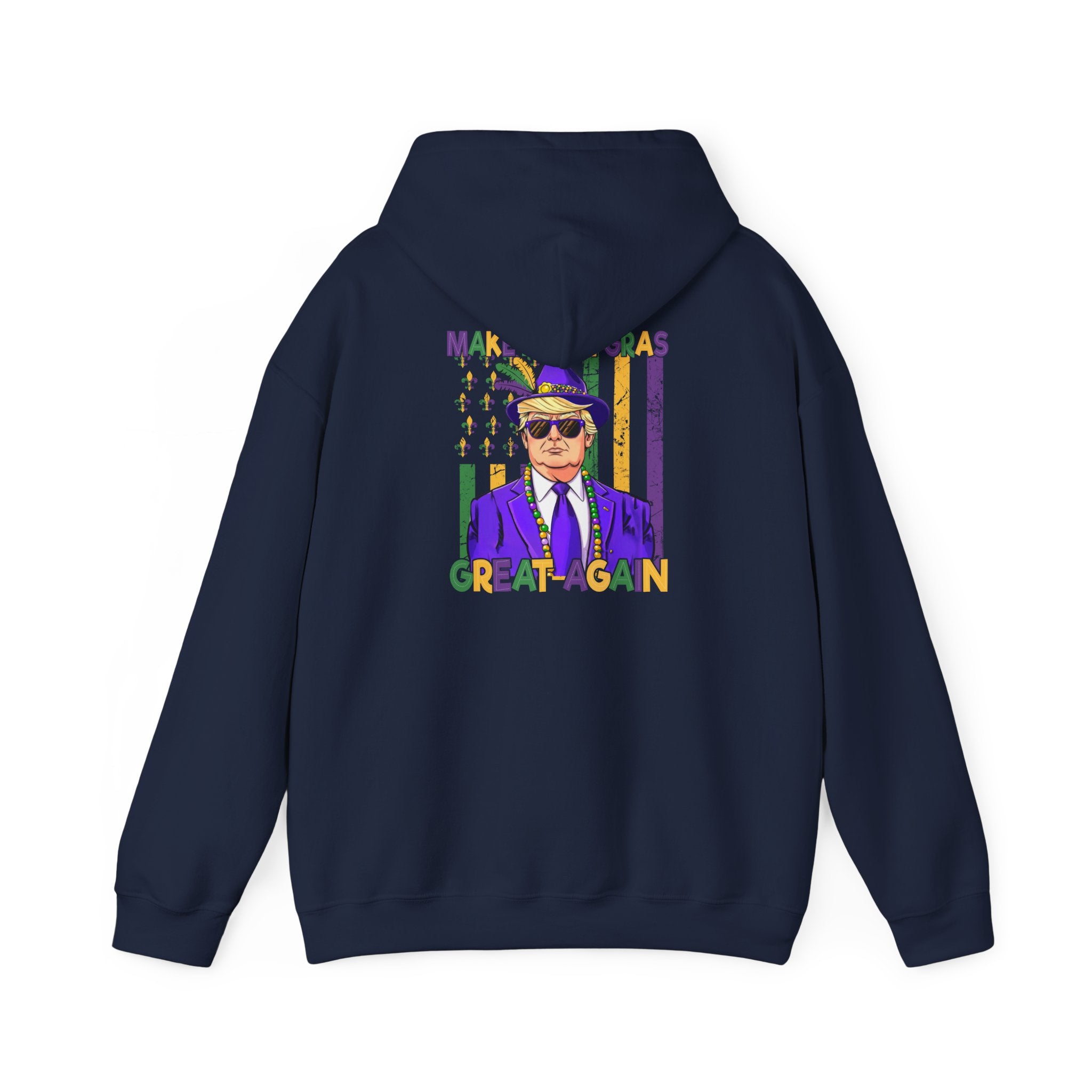 Mardi Gras Great Again Hoodie — Festive King Cake Masked Man Back Graphic