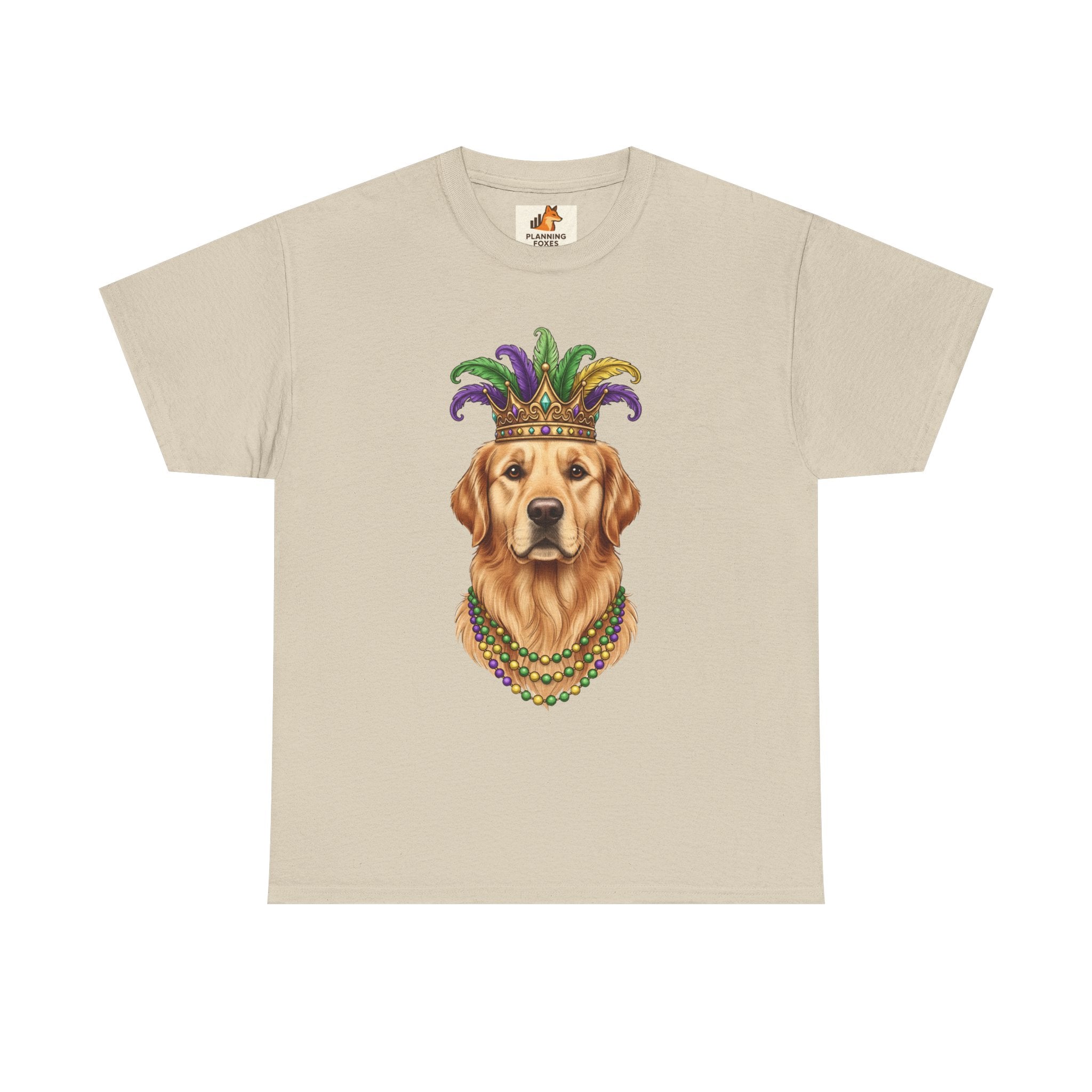 Mardi Gras Golden Retriever T-Shirt — Dog with Jester Crown & Beads