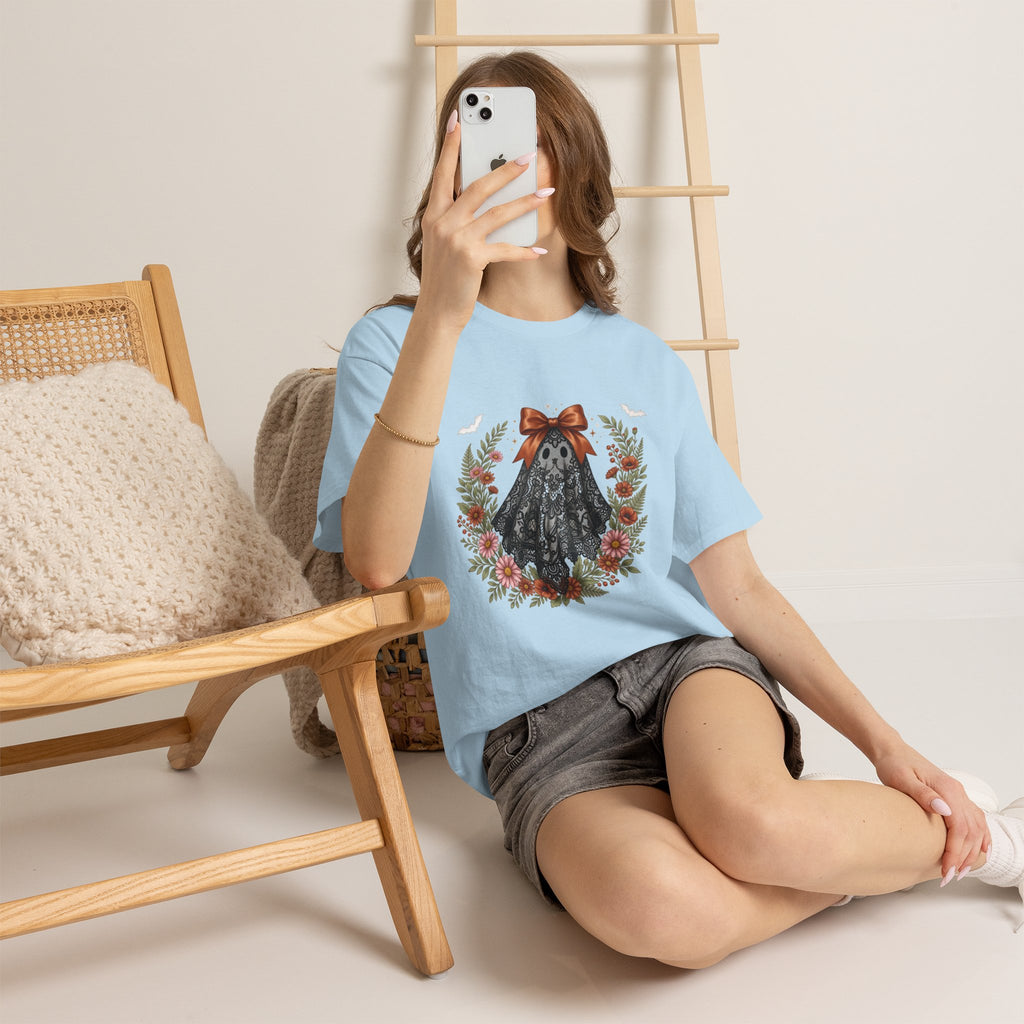Ghost in Lace Tee — Floral Halloween Ghost T-Shirt with Bow