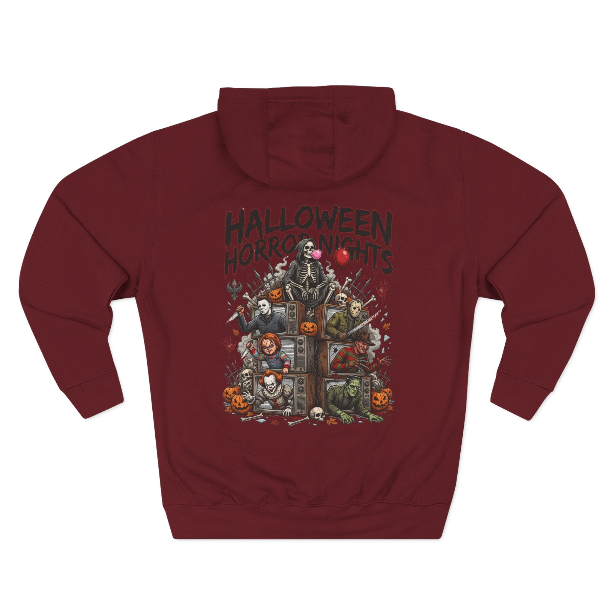 Halloween Horror Nights Hoodie — Haunted Mask & Killer Characters Graphic Pullover