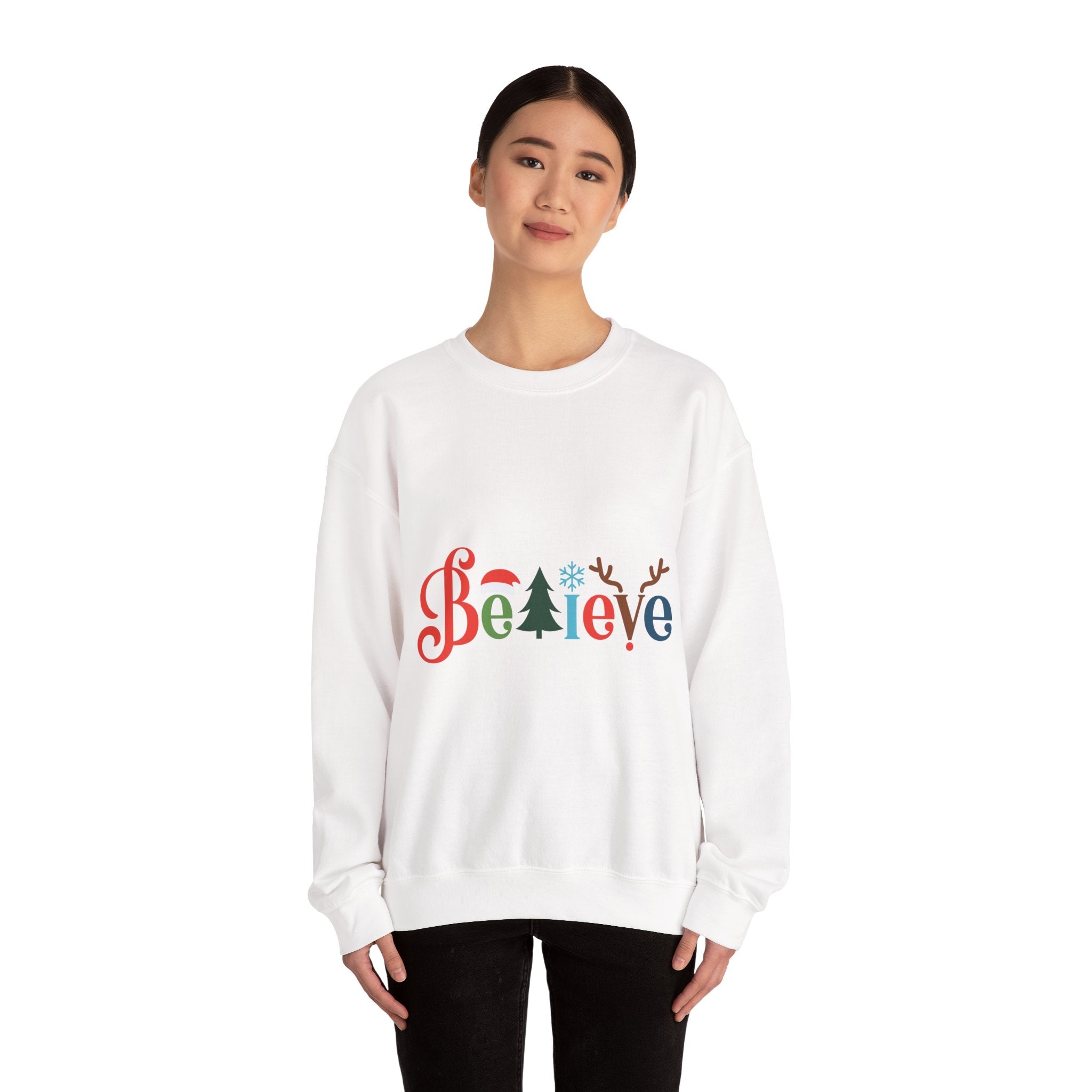 Believe Christmas Sweatshirt — Festive Tree & Reindeer Holiday Crewneck