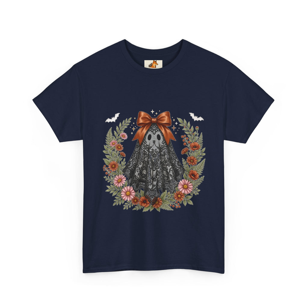 Ghost in Lace Tee — Floral Halloween Ghost T-Shirt with Bow