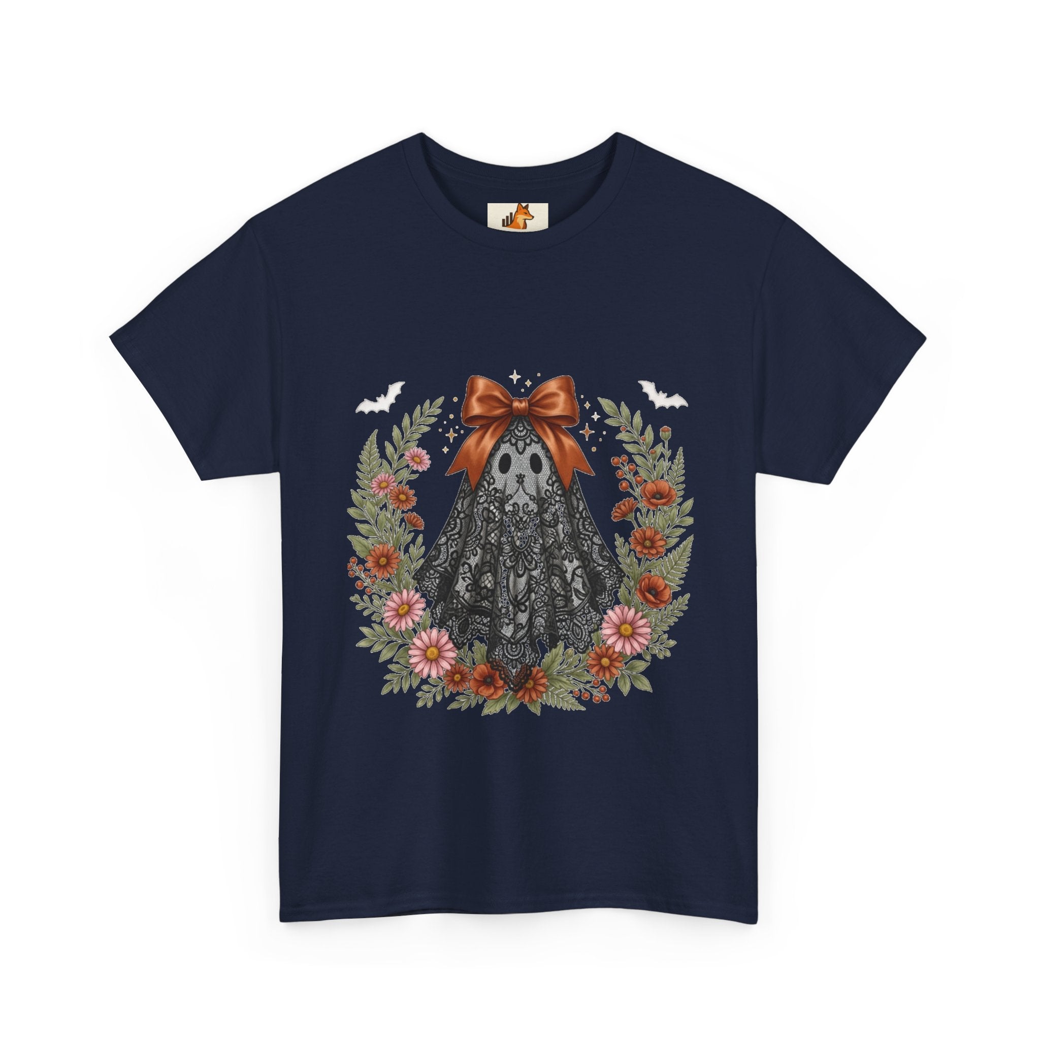 Ghost in Lace Tee — Floral Halloween Ghost T-Shirt with Bow