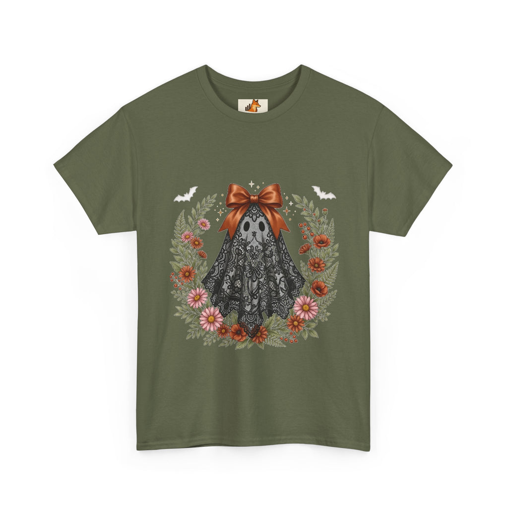 Ghost in Lace Tee — Floral Halloween Ghost T-Shirt with Bow