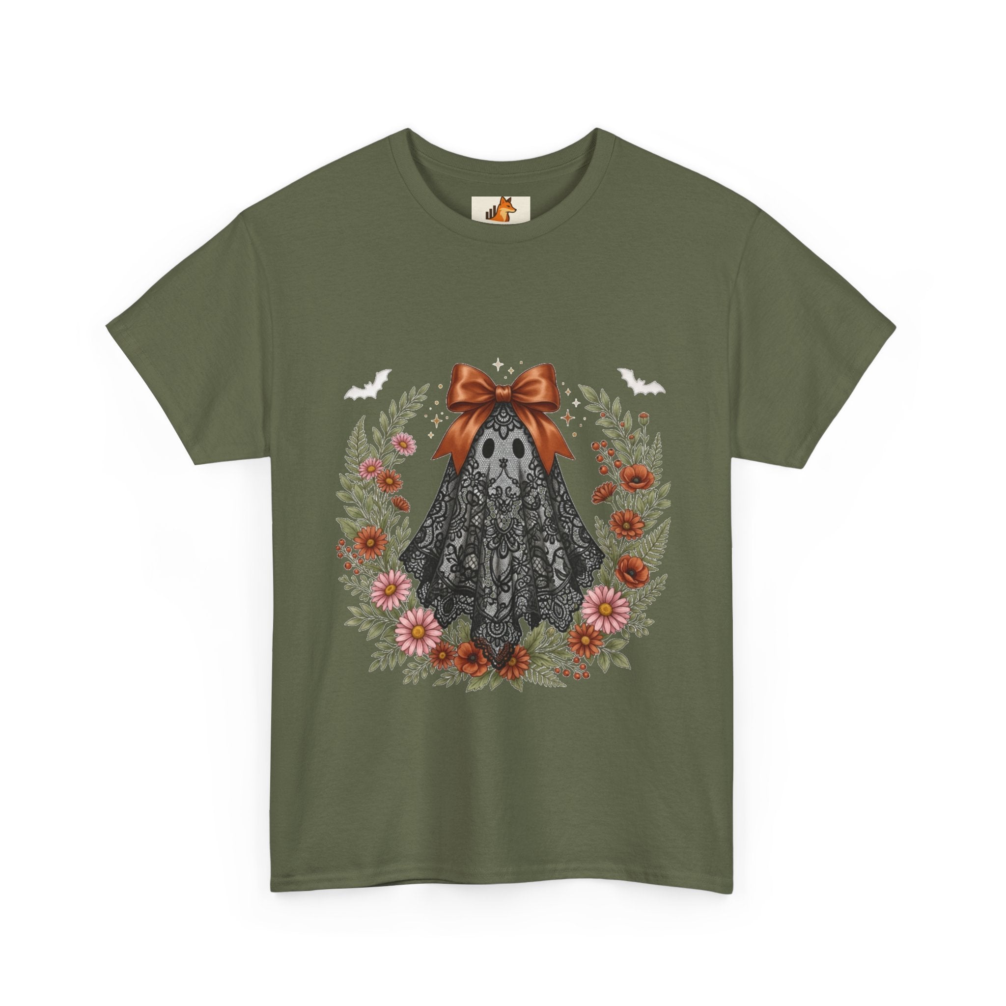 Ghost in Lace Tee — Floral Halloween Ghost T-Shirt with Bow