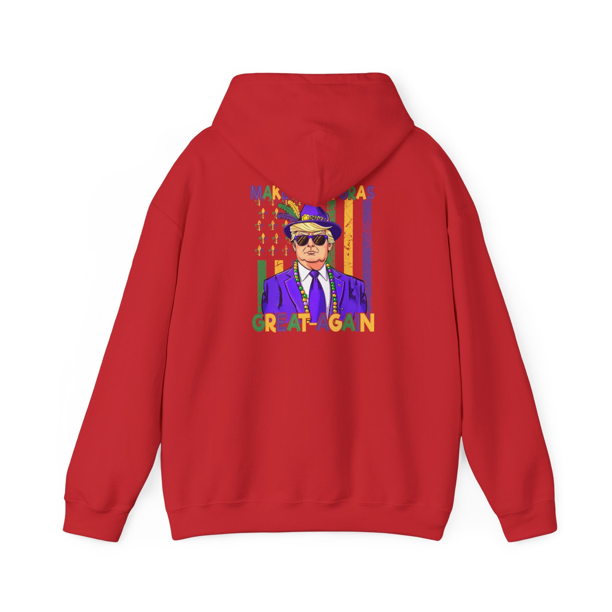 Mardi Gras Great Again Hoodie — Festive King Cake Masked Man Back Graphic