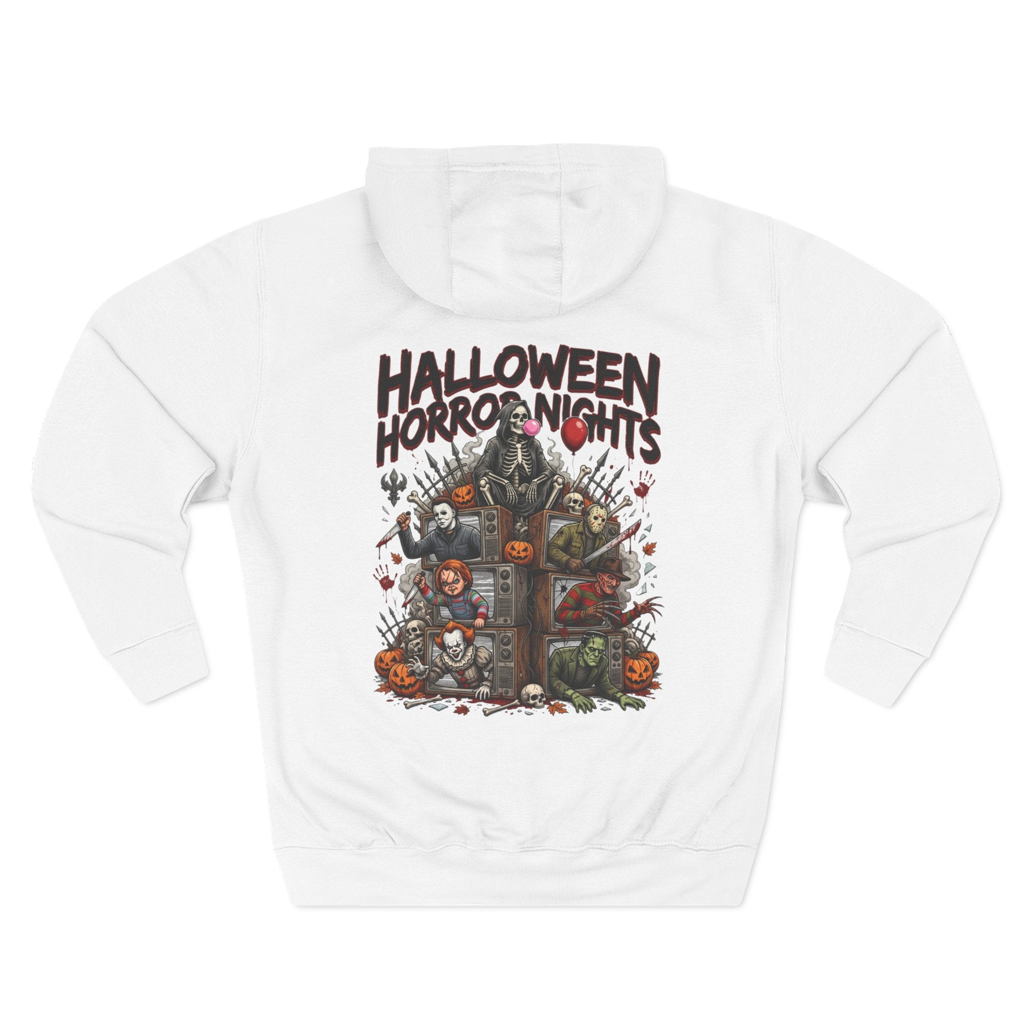 Halloween Horror Nights Hoodie — Haunted Mask & Killer Characters Graphic Pullover