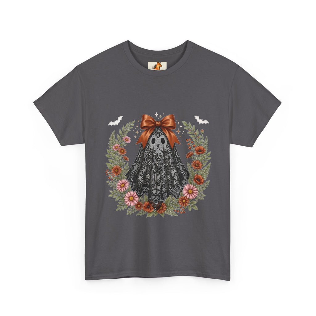 Ghost in Lace Tee — Floral Halloween Ghost T-Shirt with Bow