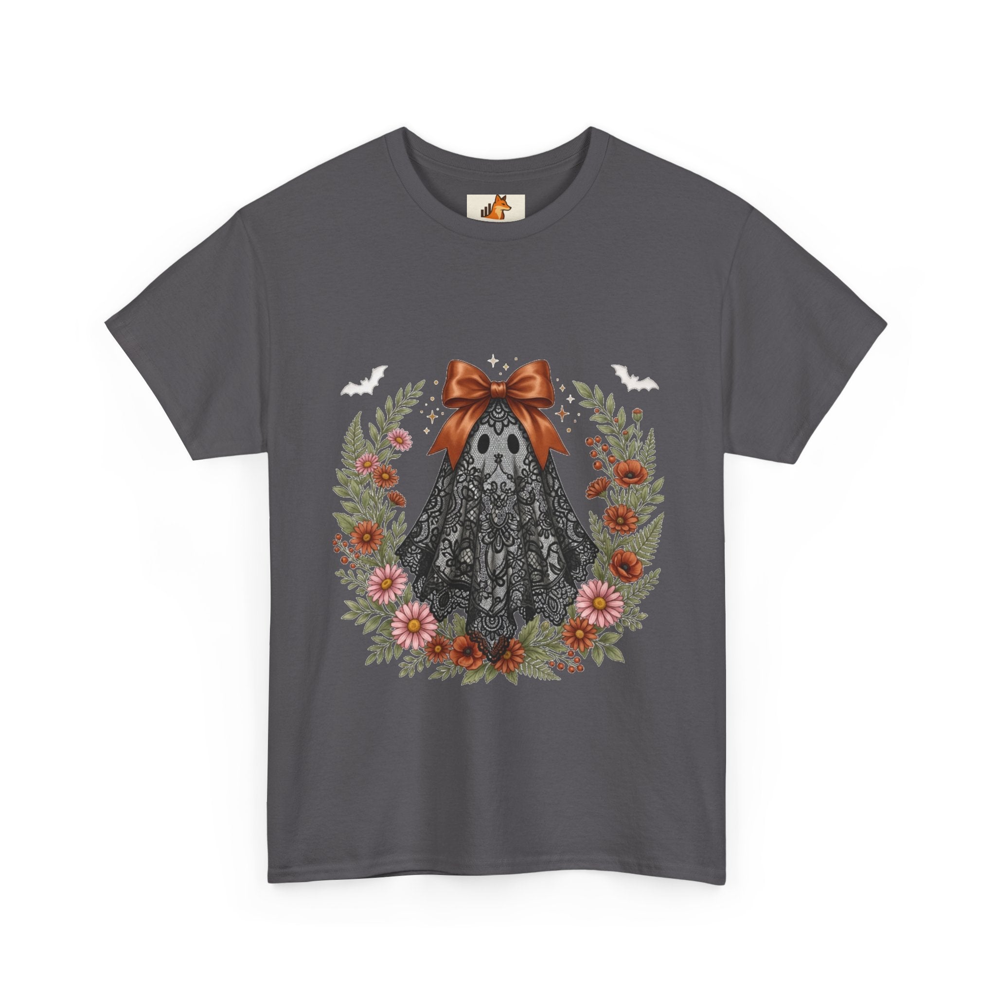 Ghost in Lace Tee — Floral Halloween Ghost T-Shirt with Bow