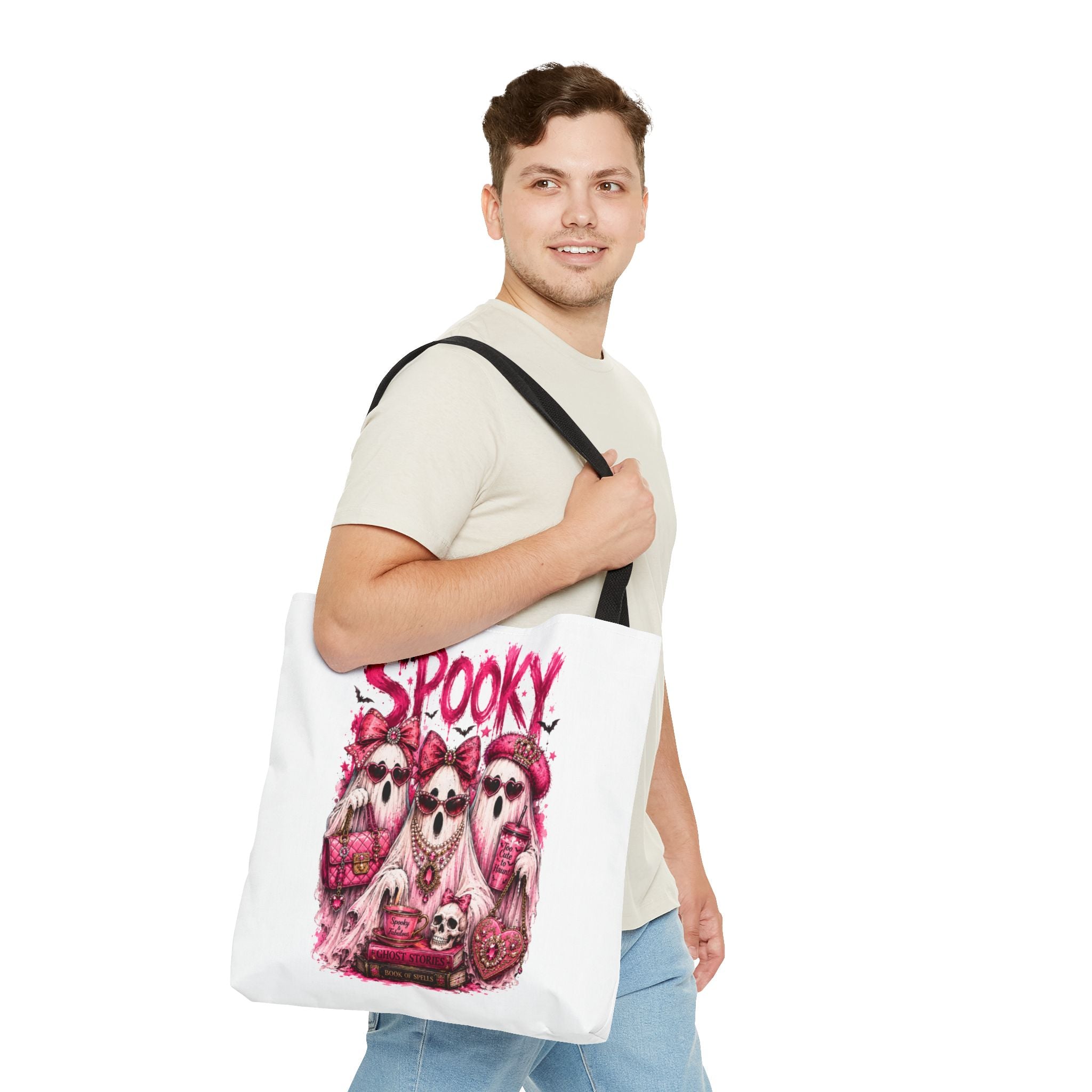 Spooky Pink Ghost Trio Tote Bag — Cute Gothic Halloween Aesthetic