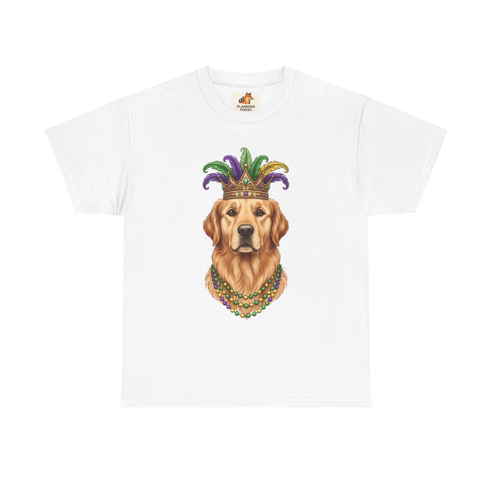 Mardi Gras Golden Retriever T-Shirt — Dog with Jester Crown & Beads