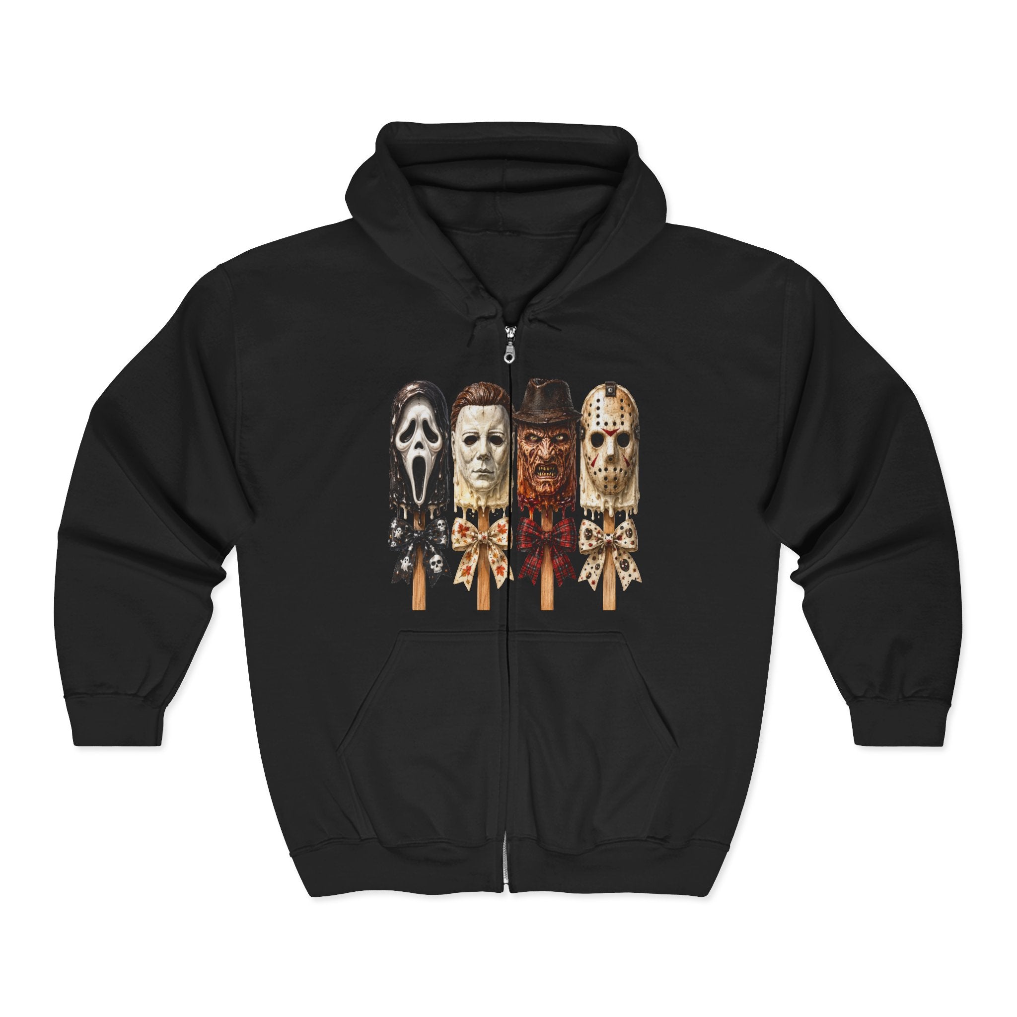 Horror Icons Full‑Zip Hoodie — Scream, Michael Myers, Freddy & Jason Popsicle Mask Design