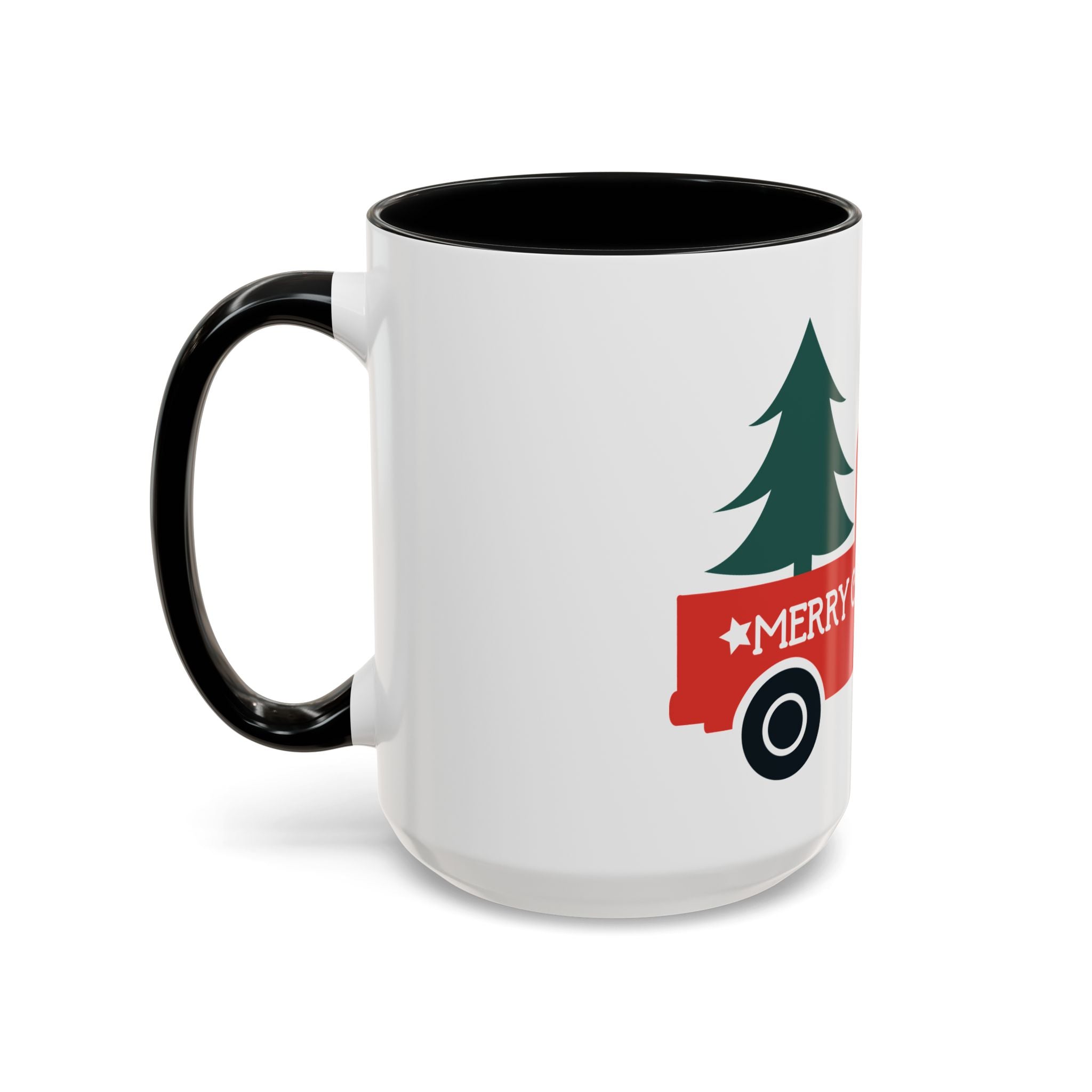 Christmas Truck Coffee Mug — Red Vintage Pickup with Tree, "Merry Christmas" Accent Mug