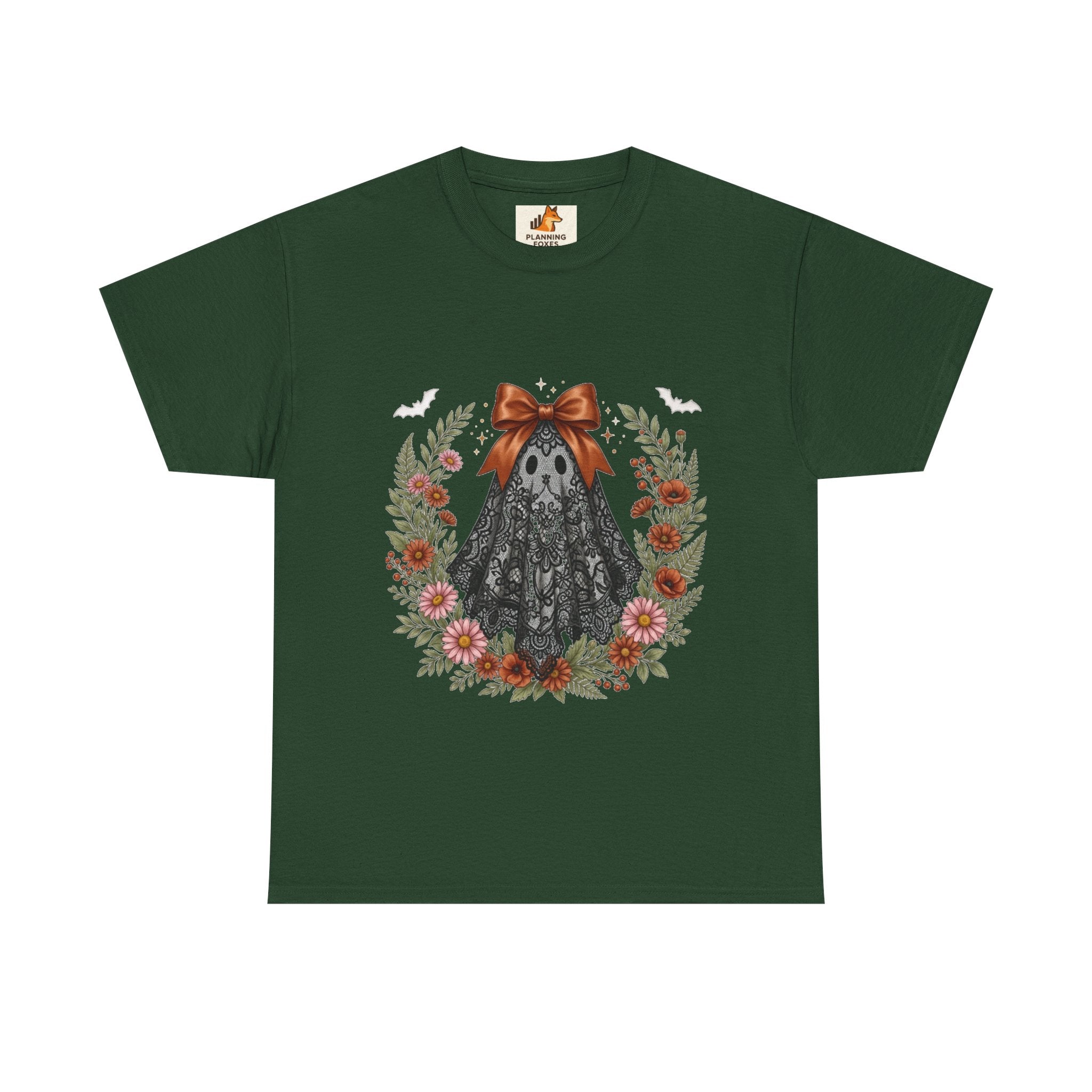 Ghost in Lace Tee — Floral Halloween Ghost T-Shirt with Bow