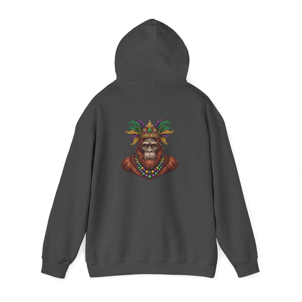 Mardi Gras Bigfoot Hooded Sweatshirt - Colorful Jester Mask & Bead Design