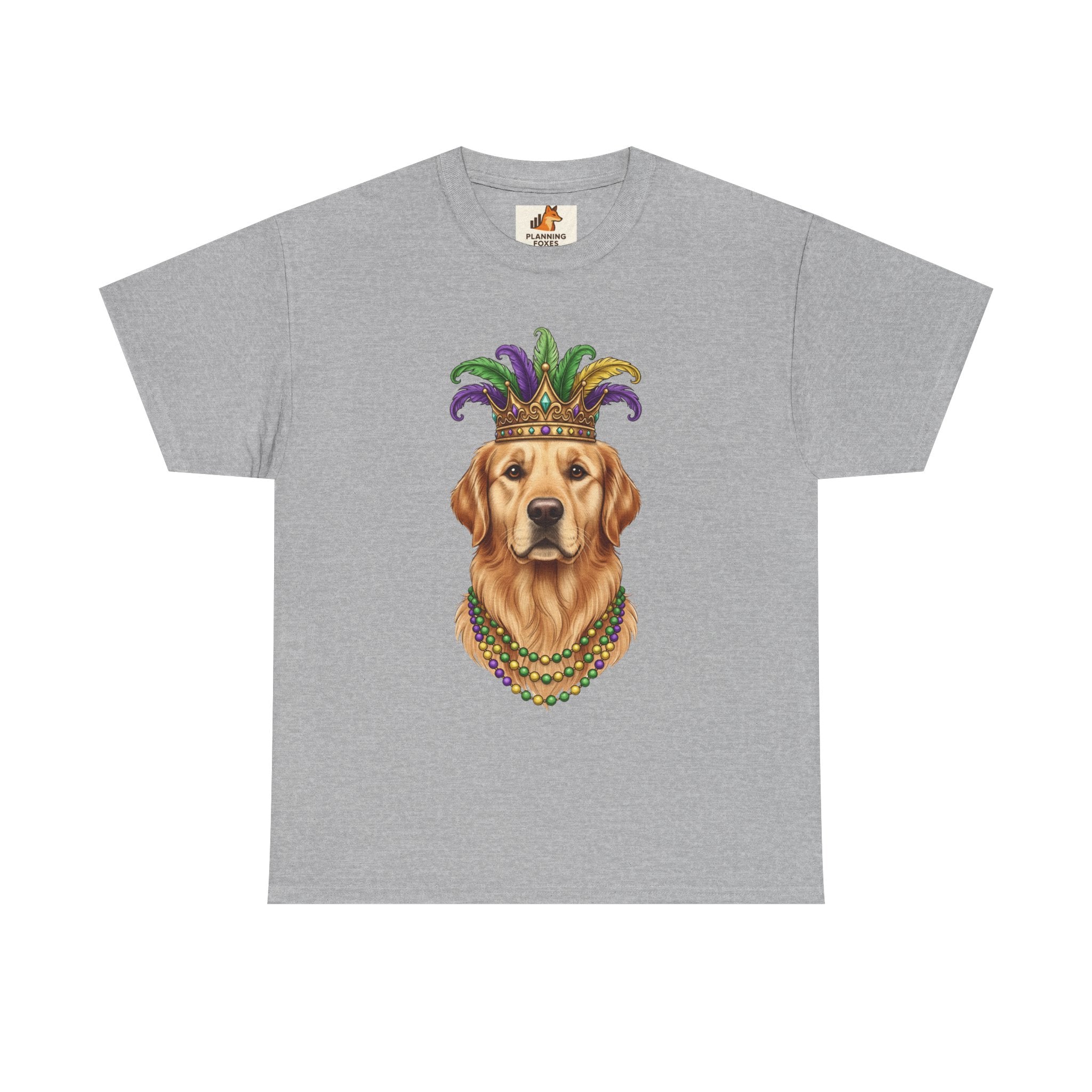 Mardi Gras Golden Retriever T-Shirt — Dog with Jester Crown & Beads