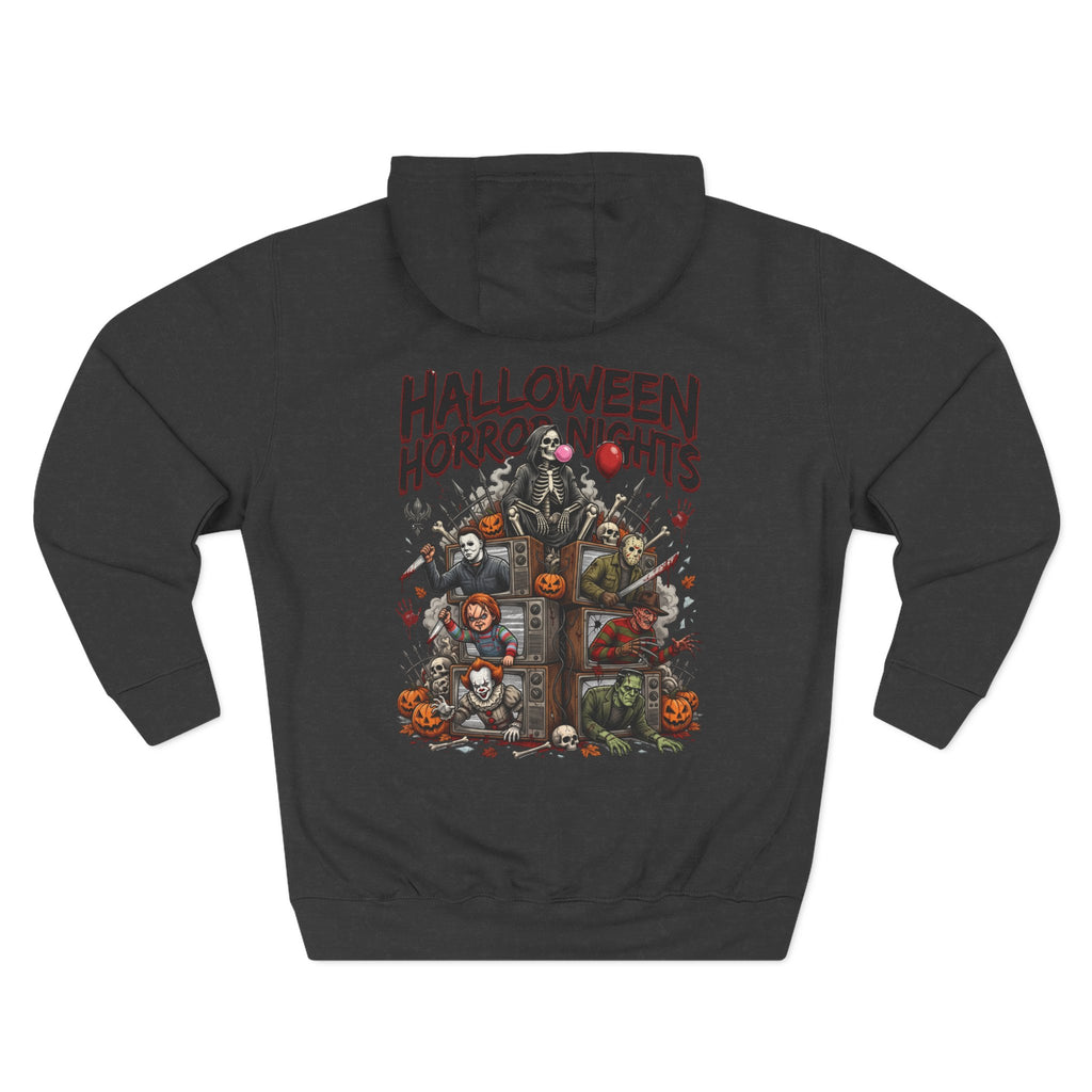 Halloween Horror Nights Hoodie — Haunted Mask & Killer Characters Graphic Pullover