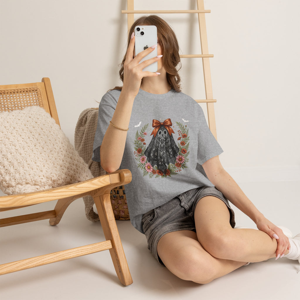 Ghost in Lace Tee — Floral Halloween Ghost T-Shirt with Bow