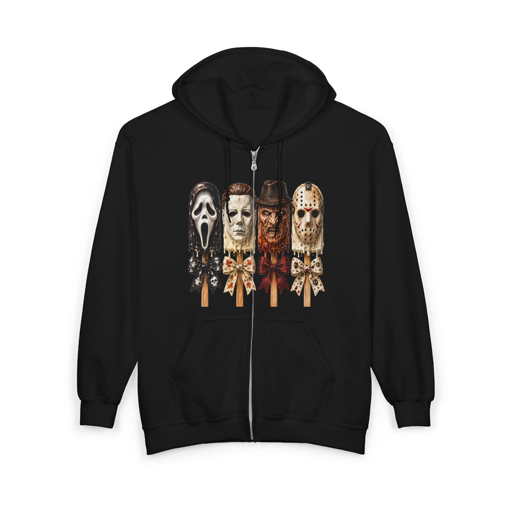 Horror Icons Full‑Zip Hoodie — Scream, Michael Myers, Freddy & Jason Popsicle Mask Design