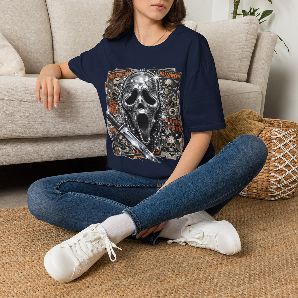 Halloween Scream Mask T-Shirt — Skull, Knife & Poster Horror Graphic Tee