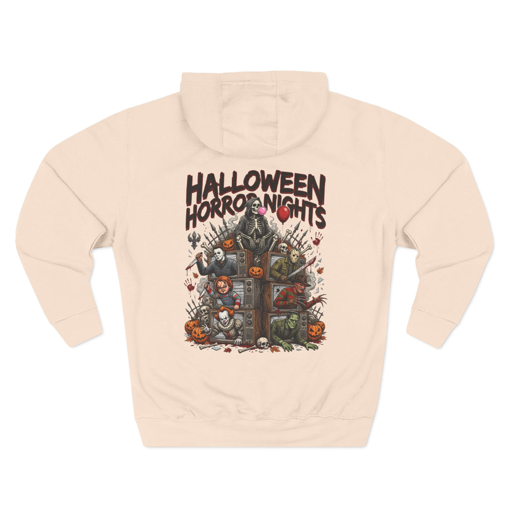 Halloween Horror Nights Hoodie — Haunted Mask & Killer Characters Graphic Pullover