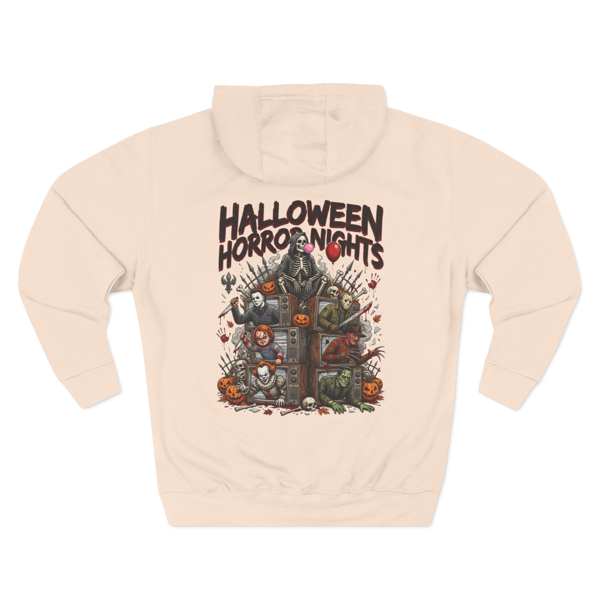 Halloween Horror Nights Hoodie — Haunted Mask & Killer Characters Graphic Pullover