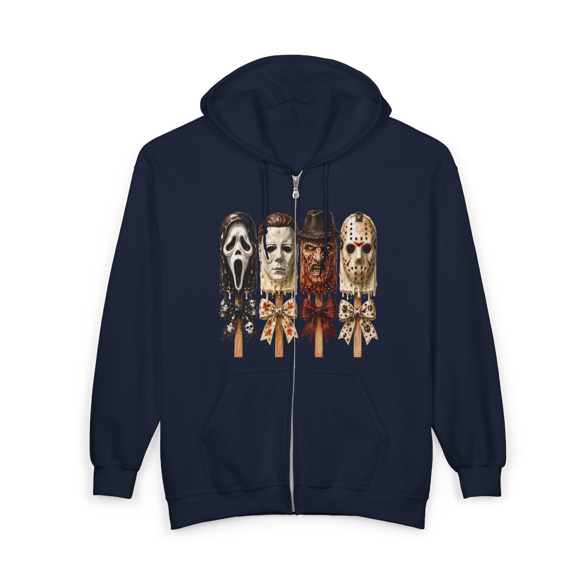 Horror Icons Full‑Zip Hoodie — Scream, Michael Myers, Freddy & Jason Popsicle Mask Design
