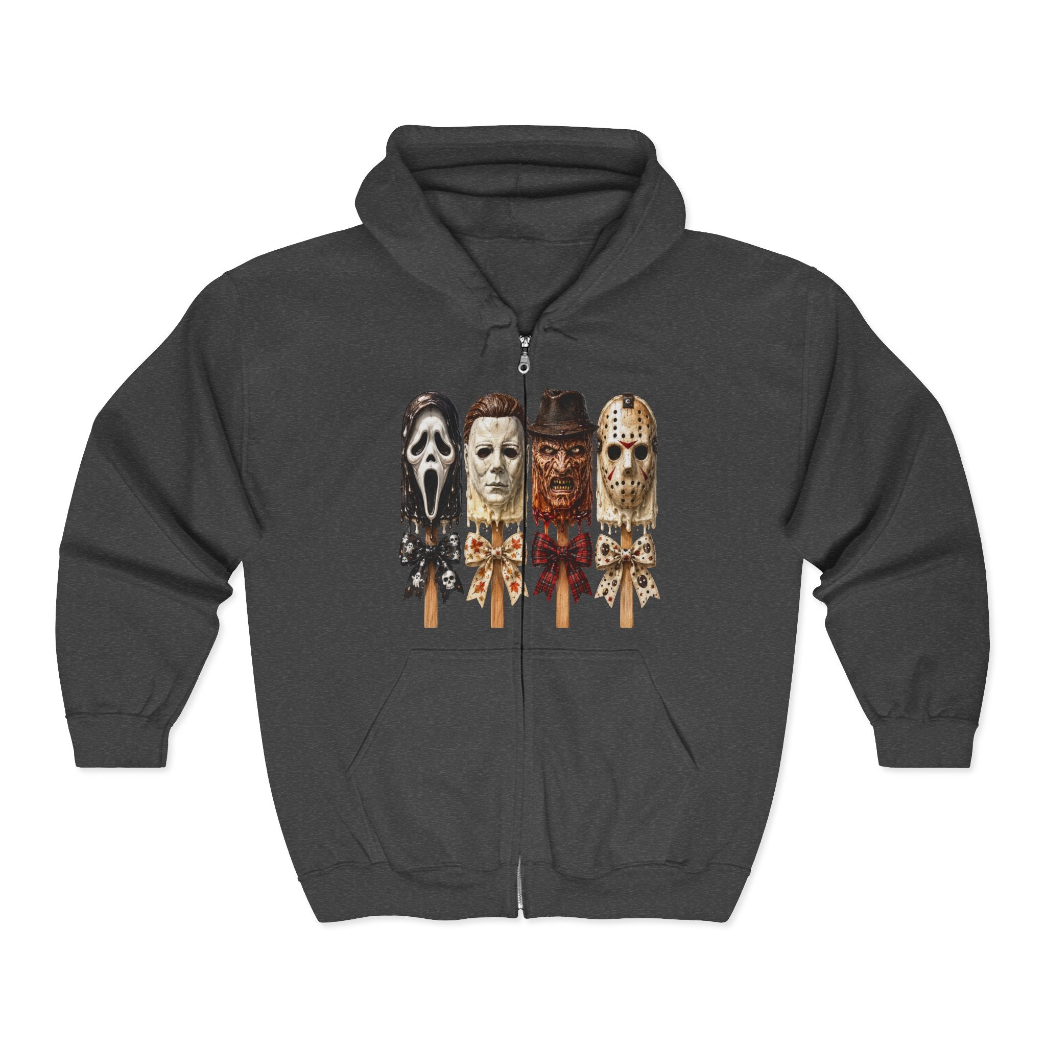 Horror Icons Full‑Zip Hoodie — Scream, Michael Myers, Freddy & Jason Popsicle Mask Design