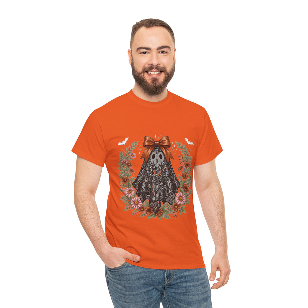 Ghost in Lace Tee — Floral Halloween Ghost T-Shirt with Bow