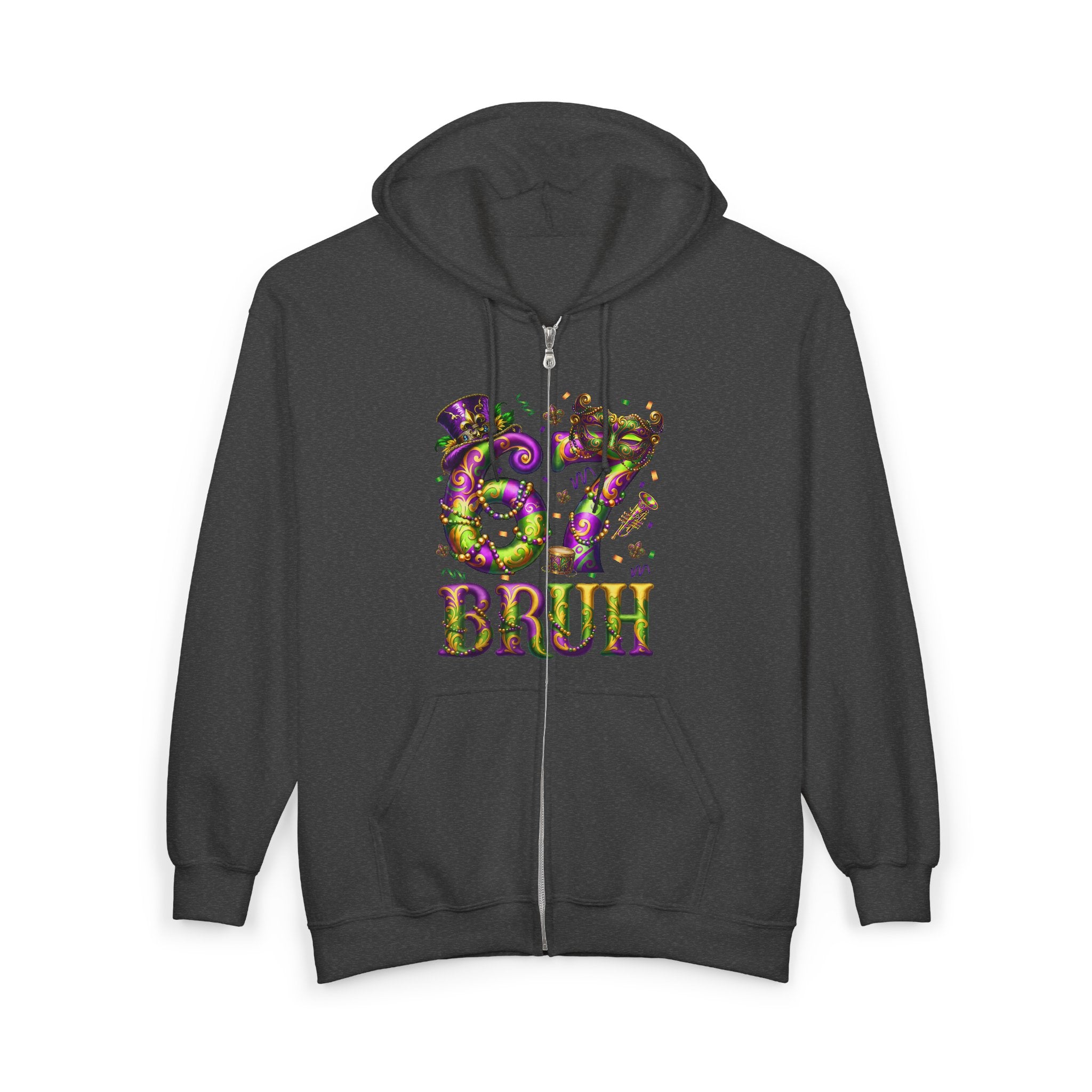 Mardi Gras 'BRUH' Zip Hoodie — Louisiana Fleur-de-Lis Carnival Jacket