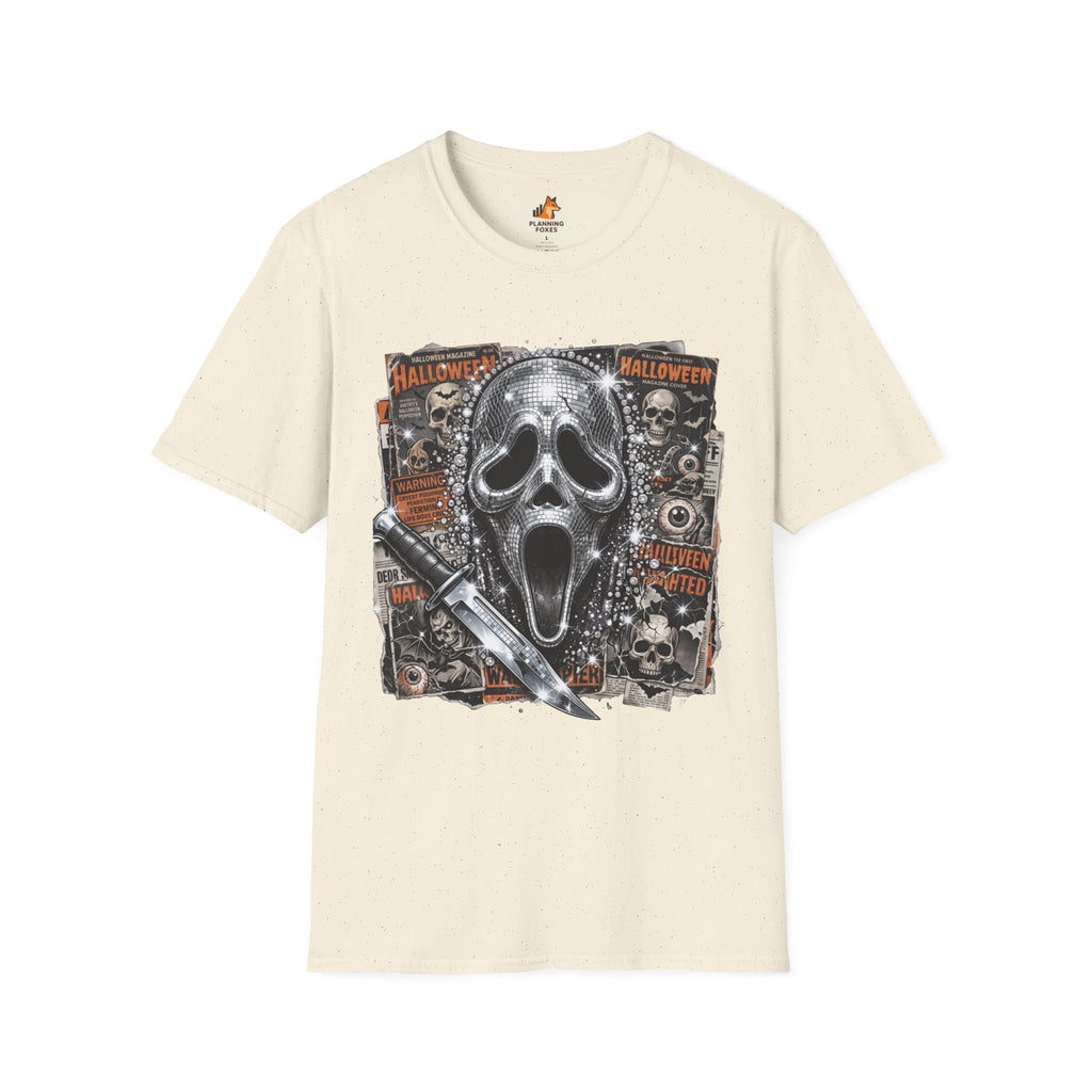 Halloween Scream Mask T-Shirt — Skull, Knife & Poster Horror Graphic Tee