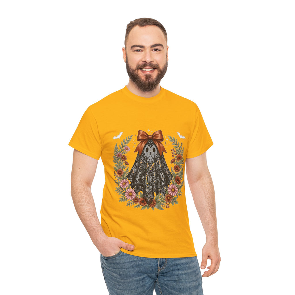 Ghost in Lace Tee — Floral Halloween Ghost T-Shirt with Bow