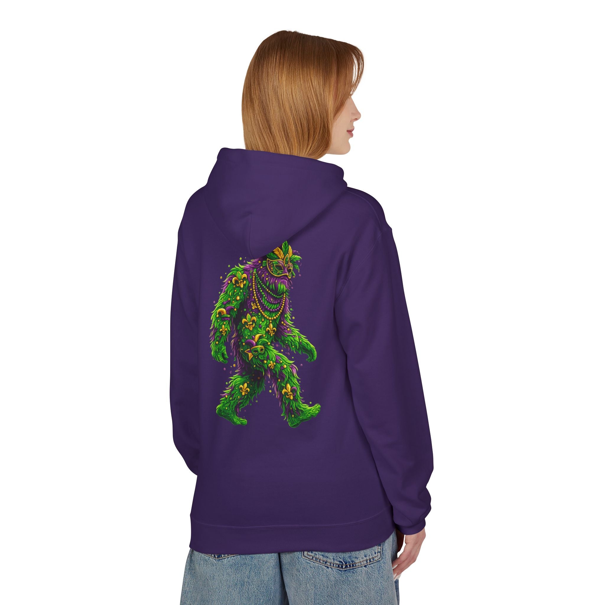 Mardi Gras Bigfoot Hoodie - Festive Beaded Sasquatch Pullover