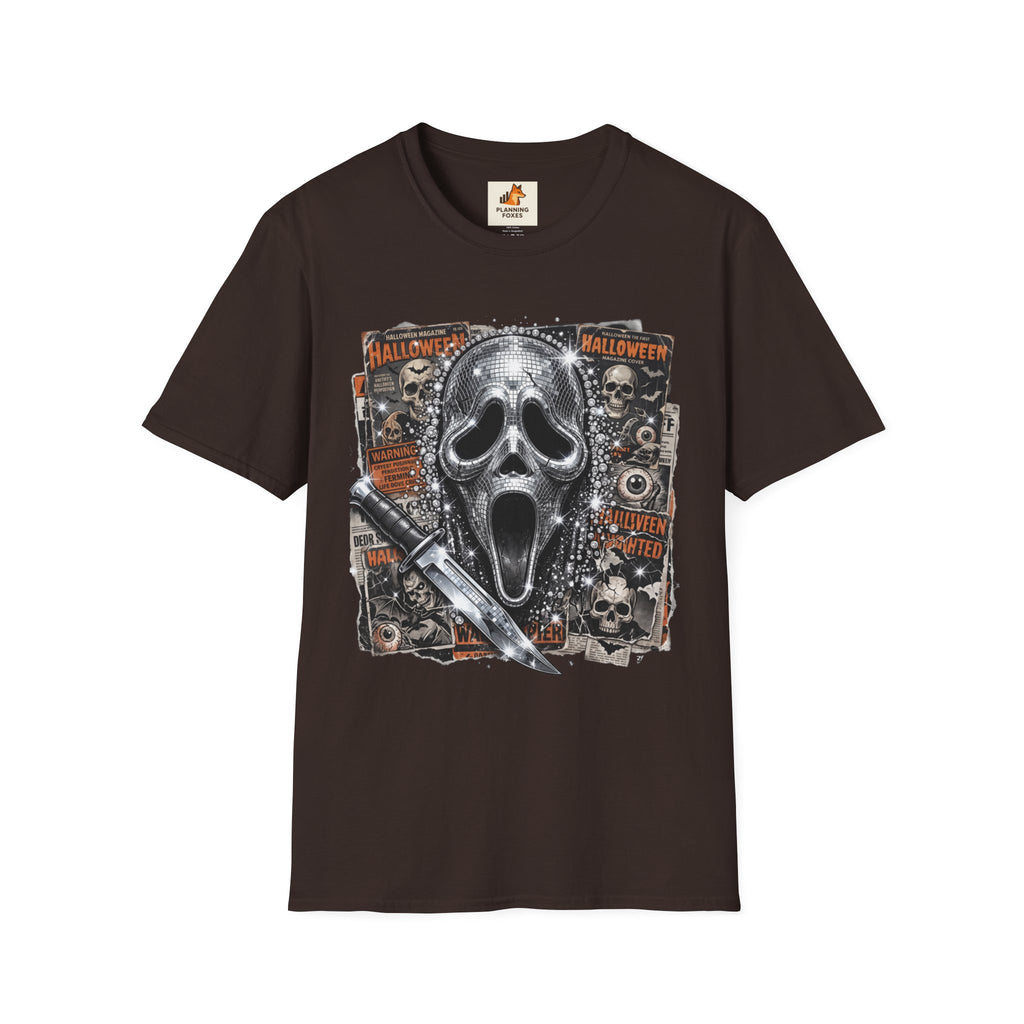 Halloween Scream Mask T-Shirt — Skull, Knife & Poster Horror Graphic Tee
