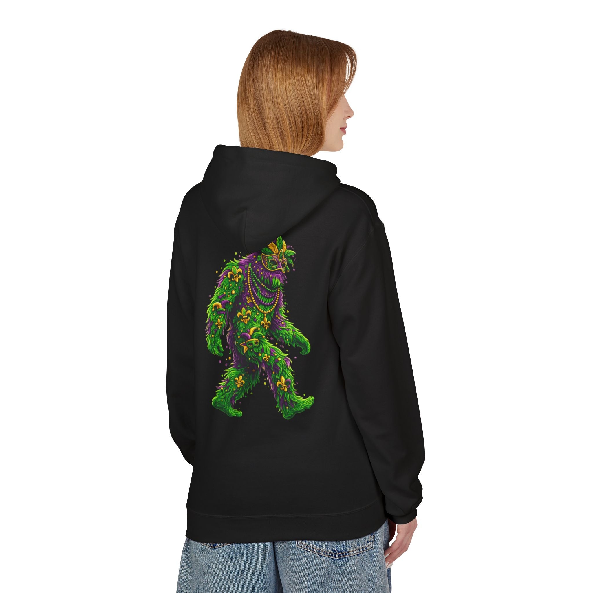 Mardi Gras Bigfoot Hoodie - Festive Beaded Sasquatch Pullover