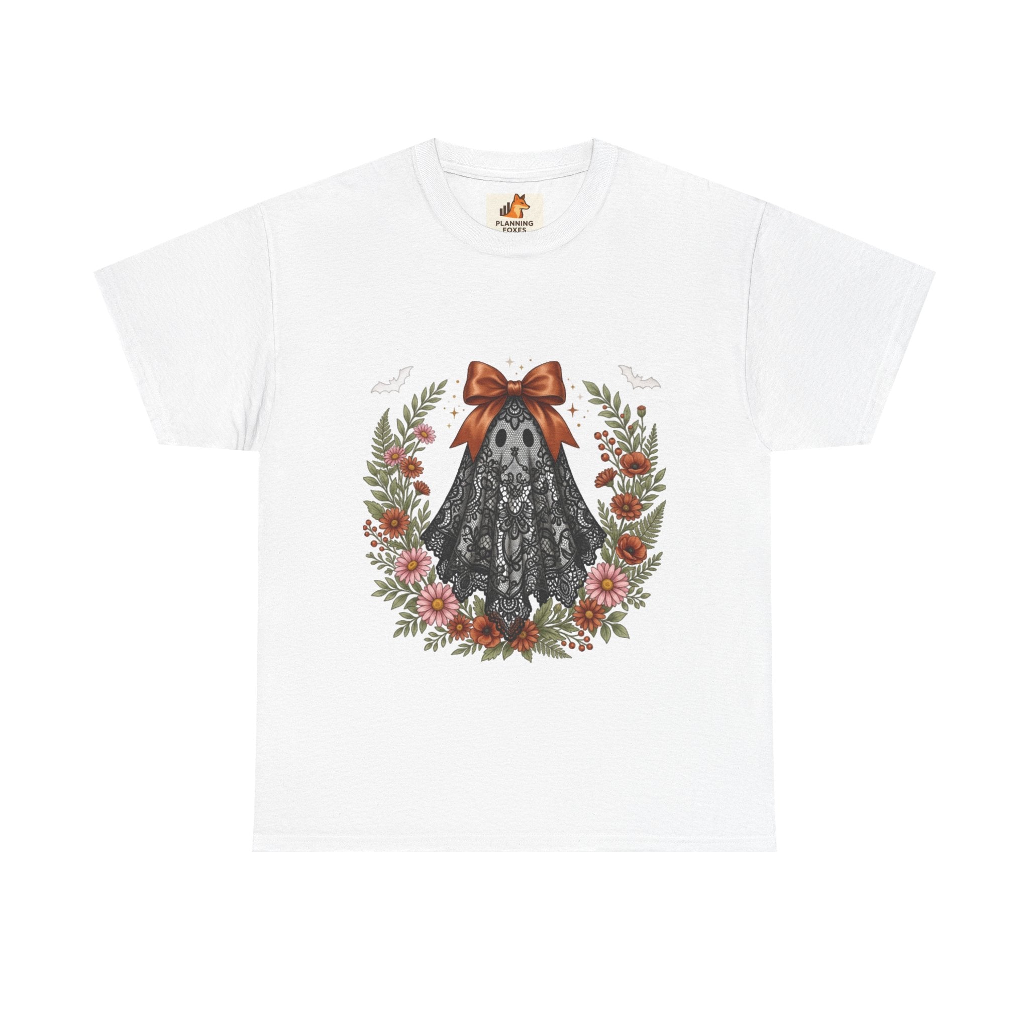 Ghost in Lace Tee — Floral Halloween Ghost T-Shirt with Bow