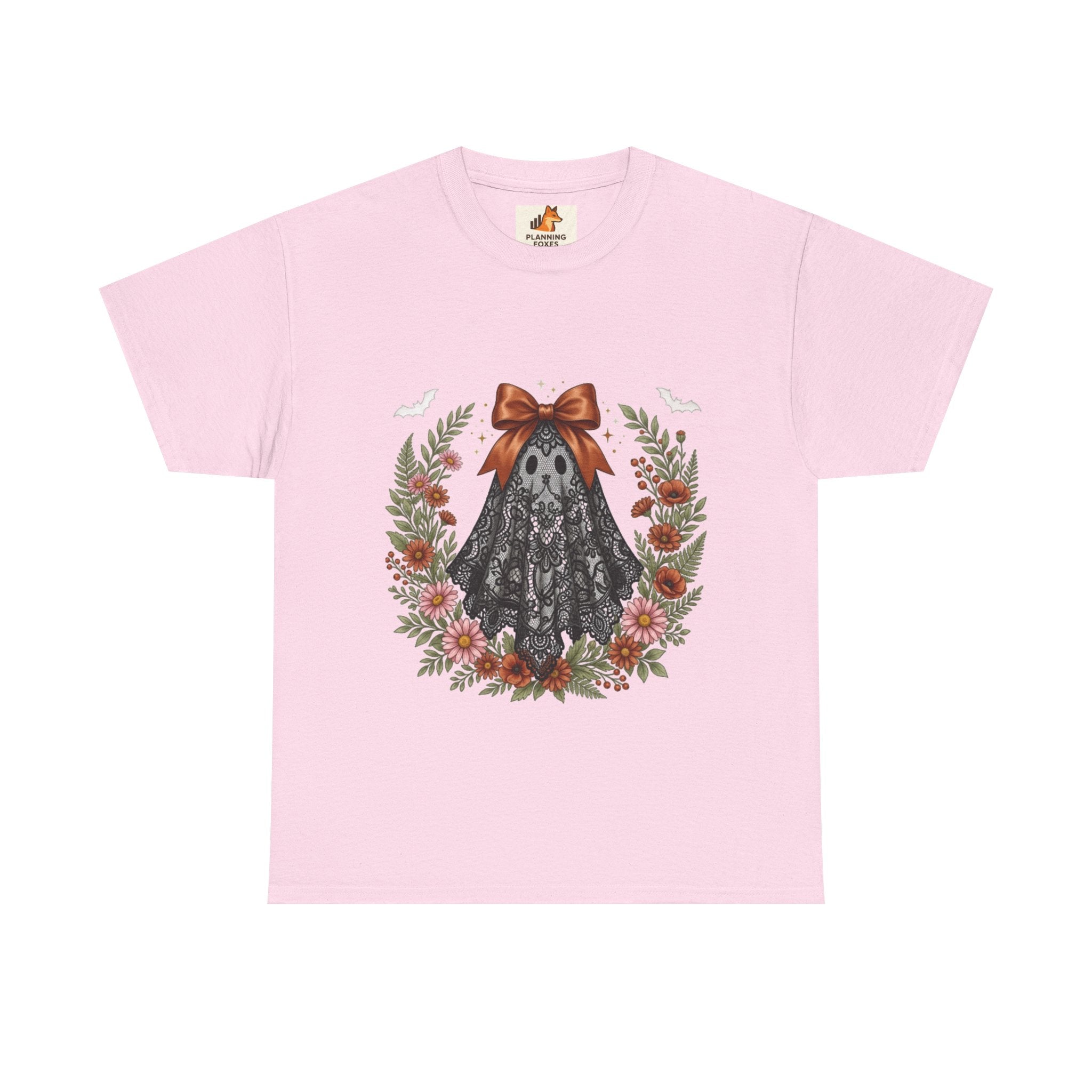 Ghost in Lace Tee — Floral Halloween Ghost T-Shirt with Bow
